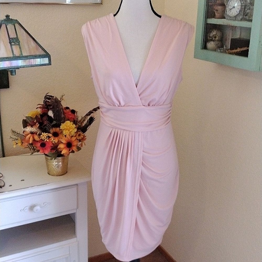 Elegant Pale Pink Draped V-Neck Women’s Dress